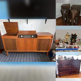 MaxSold Auction: This online auction includes furniture such as bookcases, file cabinet, MCM stereo console, vintage side tables, Restoration Hardware dresser, dining table set, buffet, display cabinet and others, rugs, elephant plant stands, seasonal decor, Lucky Cat figurines, Indonesian statues, and other decor, vintage tins, crystals, vintage Harlequin and Fiesta dishware, kitchenware, standing mirror, textiles, trinket boxes, electronics, wall art, vintage toys, bicycle, linens and much more!