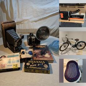 MaxSold Auction: This online auction includes a rush seat chair, maple desk, boudoir chair, vintage cameras, chrome cocktail shaker set, toy wagon, brass hardware, vintage girl’s bike, decanters, Libbey painted glass sets, cherry cabinet doors, board games, costume jewelry, Cabbage Patch dolls, wall art, kitchenware, small kitchen appliances, Remington typewriter, oil lamp and more!