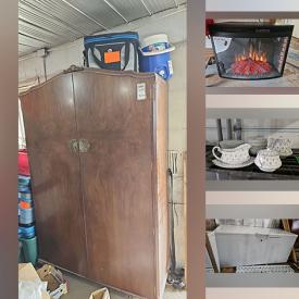 MaxSold Auction: This online auction includes furniture such as an armoire, shelving units, media cabinet, Malcolm wood table, side tables, patio tables and chairs, Thomasville dresser, table set, headboard, folding table and others, chandeliers and other light fixtures, Power Fist dust collector, grinding wheel, nailer and other power tools, hand tools, hardware, Royal Albert, Pfaltzgraff and other china, leaf blower and other yard tools, CB radio, Coleman generator, doors, windows, recycle bin, pedestal planters, vacuums, garden cart, garden decor, chest freezer, mirror, lamps, Conair clothing steamer, coolers, camping supplies, Chromalox heater, Muskoka fireplace and many many more!