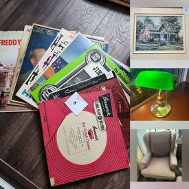 MaxSold Auction: This online auction features vinyl records, Alan Jay Gaines print, secretary table, bankers lamp, vintage kids\' books, wingbat armchair,s jewelry, shelving units, vintage Westminister clock, and much, much, more!!!