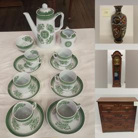 MaxSold Auction: This online auction includes Wedgwood, Spode, Lenox, Mikasa crystal, Limoges, vintage toys, vintage vinyl LPs, studio pottery, area rugs, mid century writing desk, mid century chest of drawers, grandfather clock and more!