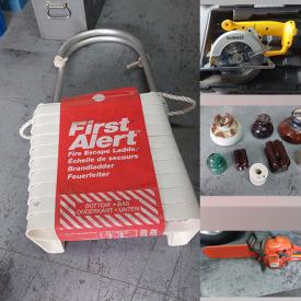 MaxSold Auction: This online auction includes tools such as a Makita skilsaw, Craftsman router kit, Dewalt drill and others, hand tools, vintage insulators, painting supplies, soldering kit, 40 gallon rain barrels, vices, compressor, stepladder, tiles, ladders and much more!