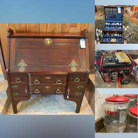 MaxSold Auction: This online auction includes furniture such as card tables, trunks, metal shelves, workbench, baker’s rack, wicker chair, sofa table, antique dresser, secretary, wood dining table, vintage chairs, secretary desk, antique buffet, chest of drawers, end tables, queen bedframe, farmhouse cabinets, Thomasville armoire, mahogany dresser and others, kitchenware, small kitchen appliances, gardening supplies, tools, decor, hardware, vintage luggage, Noritake, Royal Doulton and other china, antique candy scale,  vintage keys, cast iron figures, vintage microscopes, stoneware, vintage projector, office supplies, records, suitcases, vintage barrels, generator and much more!