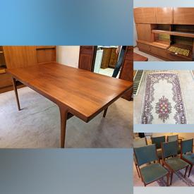 MaxSold Auction: This online auction includes furniture such as a La-Z-Boy chair, wood cabinet, teak MCM chairs, dining table, vintage sofa bed, corner table and bench set, wall unit, walnut wardrobe, wooden chest, walnut dresser, nightstands and others, crystalware, Persian rugs, books, suitcases, jewelry, mirrors, suitcases, vases, decor and more!