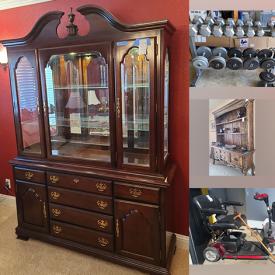 MaxSold Auction: This online auction includes furniture such as china cabinets, Broyhill loveseat, wood end table, wood dresser, antique wood cabinet, wood nightstand, antique secretary desk, Cal King bedroom set, highboy chest, vintage Teakwood buffet, rocking chair and others, Go Go scooter, classic Rail Train set, Continental Systems fitness equipment, Schwinn bike and other exercise equipment, vintage bandsaw, Craftsman drill and other power tools, electronics, kitchenware, wall art, Royal Doulton and other china, Miche bags, decor, costume jewelry and much more!