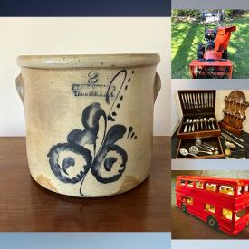 MaxSold Auction: This online auction includes furniture such as a Brunswick pool table, vintage child’s rocking chair, sofa bed, Keller china cabinet, mahogany Chippendale desk, chests, Colonial wing chair and others, Corningware, Pyrex, Lenox, Wedgwood and other china, kitchenware, small kitchen appliances, Ariens snowblower, yard tools, gardening supplies, Husqvarna chainsaw and other power tools, hardware, seasonal decor, silverplate, sewing supplies, snowshoes, books, games, accessories, GE upright freezer, lamps, Warmink mantel clock, pewter items and much more!