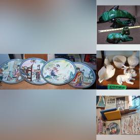 MaxSold Auction: This online auction includes Jingdezhen plates and other decorative plates, books, Occupied Japan figures, lamps, Lord of the Rings McFarlane figures, Blue Mountain pottery, beer bottle caps, fridge magnets, vintage oil lamps, Vaseline glass pieces, cow figures, salt and pepper sets, Hummel and other figures, Royal Bayreuth china, ephemera, Avon bottles, Princess Diana memorabilia, plasma ball, milk glass pieces, vintage tins, clocks, doll making items and much more!