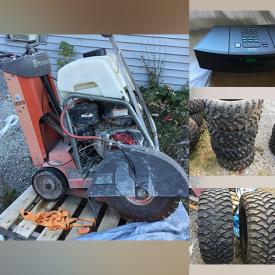 MaxSold Auction: This online auction includes a Husqvarna concrete saw, Bose Wave radio, tools, industrial heater, Kenwood receiver, skis, boots, golf clubs, coffee table, Samsung TV, Fender headphones, thermostat, plumbing supplies, fishing items, Braeburn thermostat, hiking boots, sunglasses, ATV tires, skateboard, single burner and more!