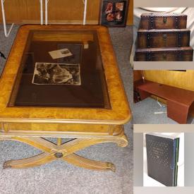 MaxSold Auction: This online auction includes furniture such as a wood and glass table, chairs, metal cabinet, office desk, bookcase, storage unit and others, vinyl records, wall art, camera gear, decorative plates, accessories, books, Brother copier, TV, turntable, hats, chests and more!