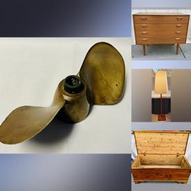 MaxSold Auction: This online auction features vintage brass boat propellers, vintage decanters, studio pottery, vintage stone sculpture, watch, vintage jewelry, jade sculpture, art glass, metal wire sculpture, cedar chest, teak veneer furniture, vintage bottles, retro wall clock, and much, much, more!!!