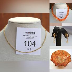 MaxSold Auction: This online auction includes jewelry such as 14k gold earrings, mother of pearl earrings, amber necklace,  sterling silver earrings, rhinestones, brooches, necklace and earring sets, silver tone bracelets, new digital photo frame, iridescent glassware, vintage dressing table set, and much more!