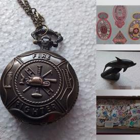 MaxSold Auction: This online auction features jewelry, pocket watches, oriental masks display, Indigenous carving, wood sculpture, art glass, stamps, postcards, Hallmark ornaments, sports trading cards, coins, sleigh bed, fireplace, duck decoy, BMP, silver necklace, and much, much, more!!