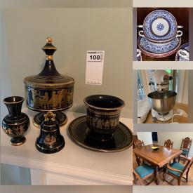 MaxSold Auction: This online auction includes furniture such as a dining table set, glider chair, brass bed, Haddon Hall midcentury cabinet, dresser cabinet, outdoor bench, curio, vintage cane chair, Hardy & Sons piano, sideboard and others, Royal Worcester and other china, glassware, Goebel figures, pottery, seasonal decor, Norman Rockwell decorative plate, lamps, brassware, wall art, mini wheelbarrow, extension ladder, Kenmore fridge, small kitchen appliances, home health aids, Alpaca wall hanging, El Prado guitar and more!