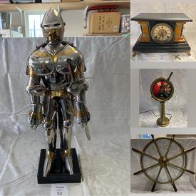 MaxSold Auction: This online auction includes a small knight suit of armor, engine order telegraphs, brass ships wheel, US Navy spyglass, holsters, Swiss Army tools, military bugles, bugle lamp, decor, lighters, watches, satchels and much more!