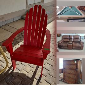 MaxSold Auction: This online auction includes framed wall art, pool table, 60” Samsung TV, furniture such as vintage chairs, end tables, recliner leather sofas, Hawaiian motif dresser, coffee table, recliners, dining chairs and dining tables, table lamps, Pyrex, small kitchen appliances, power tools, hardware, fishing gear and much more!