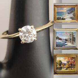 MaxSold Auction: This online auction includes wall art including a Robert Bateman print, Elmar Koppel oil on canvas, H. Smith, George H. Wolfe painting and others, Moissanite solitaire ring, gold necklace and other jewelry, Inuit stone carving,  vintage clock, MCM desk lamp, brass vase, books, jewelry storage, masks and more!