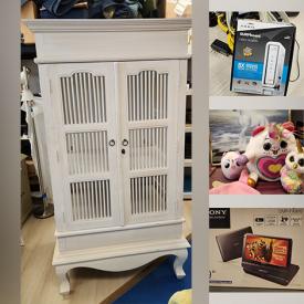 MaxSold Auction: This online auction includes new Sony portable DVD player, collectible Barbie, kitchenware, Abode security system, framed movie posters, bar stools, lighting, new dress shirts, new stoneware, shelving, cabinets, and much more!