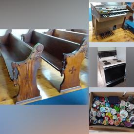 MaxSold Auction: This online auction includes furniture such as kneeling benches, chairs, wood table, church pews, metal shelving, wood cupboard and others, electronics, glass chimney on rods, seasonal decor, Yamaha organ, tools, pet crate, lamps, guitar stand, Inglis electric stove, dishwasher, cat nesting dolls, kitchenware, lanterns, wall art, red wagon, birdhouses, toys, music instruments, garden art and more!