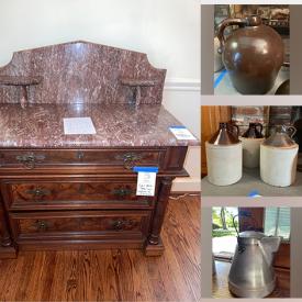 MaxSold Auction: This online auction features marble top chest, teacup/saucer sets, pottery jugs, crocks, caned chairs, hurricane lamps, small kitchen appliances, glass roosters, desk & office chair, custom window treatments, bedroom set, cameras & accessories, area rugs, fabric, ping pong table & accessories, and much more!