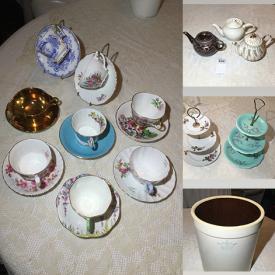 MaxSold Auction: This online auction features antique oak dining table, teacup/saucer sets, teapots, decorative plates, crystal stemware, tiered serving trays, ovenware, crock, antique sofa, display shelves, bar stools, antique pedestals, antique bustle chair, and much, much, more!!