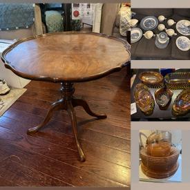 MaxSold Auction: This online auction includes MMC glassware, miniature houses, seasonal decor, queen headboard, side table, Bombay clock, Blue Mountain pottery, Depression glass, books, decorative plates, Depression glass, vinyl records, Wedgwood and much more!