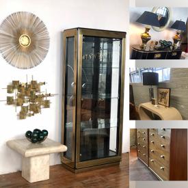 MaxSold Auction: This online auction features stone side table, pottery lamps, mirrors, cantilever chairs, barrel chairs, console table, cantilever brass bar stools, Milo Baughman armchairs, etagere shelves, sectional sofa, lucite plant stand, and much more!