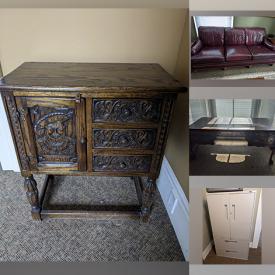 MaxSold Auction: This online auction includes file cabinets, coffee table, side tables, bookcases, office chair, Henry VIII chest, desk, leather couch and other furniture, wall art, rugs, space heaters and more!