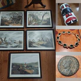 MaxSold Auction: This online auction features Tobacciana collectibles, collector plates, Mats Jonasson art glass, jewelry, art pottery, vintage drum, WWII banknotes, cookie jar, painted houses, antique inkwell, folk art masks, Inuit art, coins, and much, much, more!!