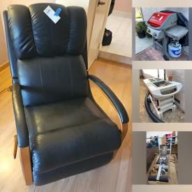 MaxSold Auction: This online auction features leather recliner, throw rugs, wooden display case, tub chairs, sectional couch, cedar chest, desks & chairs, futon, garden tools, BBQ grill, live plants, garden cart, exercise equipment, and much more!