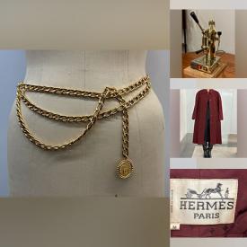 MaxSold Auction: This online auction includes Hermes vintage silk scarves, Gucci and other, Chanel loafers and other shoes, Hermes coats, Gucci dress coat and other clothing, sterling vanity set, wall art, brass espresso machine, Hermes hangers, accessories, autoharp and much more!