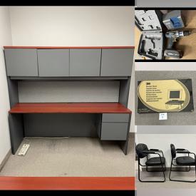 MaxSold Auction: This online auction includes new items such as office supplies, Sentry safe box, computer accessories, and soap dispensers, shelving units, bookshelf, guest chairs, power tools, and more!