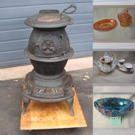 MaxSold Auction: This online auction includes furniture such as a bench, antique treadle sewing machine in table and others, Mastercraft planer and other power tools, hand tools, hardware, cast iron pot belly stove, sportrack trunk rack, books, metal signs, vintage milk bottles, vintage train items, carnival glass, Royal Albert and other china, Toby mugs, seasonal decor, craft items, embroidery skeins, office supplies, jewelry, windows, banner stand, clown outfit, coins and much more!