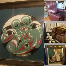 MaxSold Auction: This online auction includes furniture such as a footstool, antique side table, Marge Carson slipper chair, La-Z-Boy recliner, rattan armchairs and others, nautical decor, lampshades, pottery, Crokinole board, lawnmower, wall art, Asian decor, china, jewelry, clothing, vintage phones, milk glass, vases, decorative plates, MCM curly basket and much more!