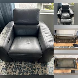 MaxSold Auction: Grey Leather Power Couch & Recliner, Coffee Table And Two End Tables, Bar Cart