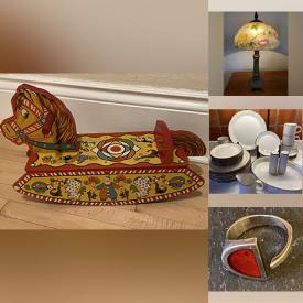 MaxSold Auction: This online auction features teak furniture, vintage rocking horse, sterling silver jewelry, vintage Pyrex, glass decanter set,  William J. Saunders print, Folk Art lamp, needlepoint yarn, yarn, cashmere sweaters, glass light shades, and much, much, more!!