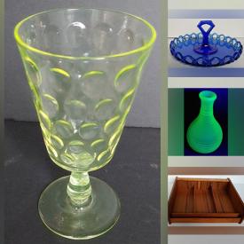 MaxSold Auction: This online auction includes Uranium glass, Jadeite ware, colored glassware, Corelle, Pyrex and Fire King pieces, glass platters, Arcoroc dinnerware, enamelware, vintage mixing bowls, Oriental items, milk glass, china, puzzles, map folio, books, Brandenburg Gate wood model kit, brass and copperware, nativity set, Christmas decor, EAPG Vaseline goblet, vintage teak cutlery box, wicker doll carriage, vintage Mixmaster, Midcentury Amberina pitcher, Midcentury glass fish and much more!