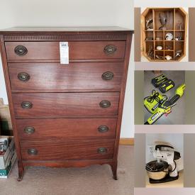 MaxSold Auction: This online auction features antique chest of drawers, small kitchen appliances, dive gear, office supplies, art supplies, desk, Janet Burk artwork, vintage maps, patio chairs, bike, snowblower, yard tools, and much more!