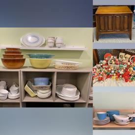 MaxSold Auction: This online auction includes vintage Salem dishware, MCM colored barware, Depression glass, vintage kitchenware, seasonal decor, Coca Cola memorabilia, tins, Pyrex, Corelle, Pfaltzgraff canister set, MCM king bedframe, Broyhill commode, trading cards, Elvis cassettes and more!