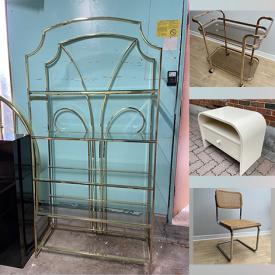 MaxSold Auction: This online auction includes furniture such as a vintage Cesca wicker chair, rustic end table, vintage records table, vintage spaghetti chair, brass and glass shelf, vintage bistro set, wicker hanging chairs and others, Boja table lamp, wicker items and more!