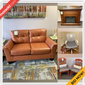 MaxSold Auction: This online auction includes furniture such as mesh office chairs, desks, folding tables, lectern, electric fireplace, cloth dresser, Windsor chairs, loveseat, faux leather club chairs and others, Keurig, pillows, rugs, wall art, lighted tree, cat lamp, HP printer, home items and more!