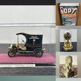MaxSold Auction: This online auction includes comic books, 49ers memorabilia, vintage Kern clock, vintage Cabbage Patch doll, John Deere buggy model, Texaco vintage car coin bank, 1913 Model T Paddy Wagon model and other die-cast model cars, burl wood bookends, soapstone figures, Football cards, wicker baskets, Chinese lacquer carved vases, Kenmore sewing machine, vintage cement dolphins, primitive wood bench, birdhouse, bar clamps, vintage camera accessories, brassware, cast iron, coins and more!