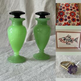 MaxSold Auction: This online auction includes 10kt gold rings, vintage sterling necklaces, original acrylic art, limited edition lithographs with COA, Quebec pottery, vintage toys, vintage textiles, vintage jadeite, iron chairs, Lego, antique tea trolley, and more!