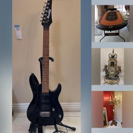 MaxSold Auction: This online auction includes furniture such as a glass table, rolling chair, wicker patio furniture, patio bench, mirrored dresser, bedframes, entry table, wrought iron cupola, armless chair, poker table, sofa, dining table and others, lamps, wall art, chandeliers, Line 6 guitar amp, Ibanez electric guitar, wall mirror, magazine rack, Canon MGM-1 camera, Lladro, linens, window panels, tapestry art, planters and much more!