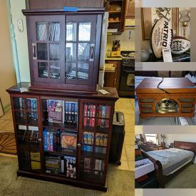 MaxSold Auction: This online auction includes furniture such as a Broyhill sleigh bed, nightstands, dressers, cube storage unit, Pacman bar stool, bookshelves, loveseat, chairs, recliner, media stand. Shelving units, religious decor, portable record player, vinyl records, books, CDs, Bradford Exchange eagles, electronics, stuffed animals, lamps, bags, accessories, shoes, Christmas decor, kitchenware, small kitchen appliances, Lenox, cameras, ephemera and much more!