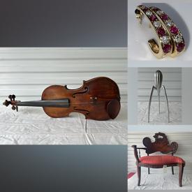 MaxSold Auction: This online auction features antique sideboard, vintage lighters, dehumidifier, Persian rugs & runner, vintage painted screen, Lucite dining table, wood face masks, pet products, yard tools, gold earrings, stained glass lamp, antique violin, and much, much, more!!