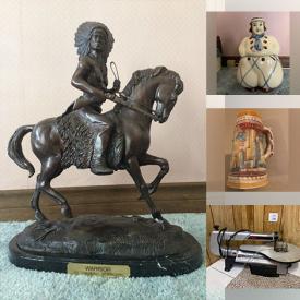 MaxSold Auction: This online auction features Frederick Remington statue, vintage radios, cookie jars, oil lamps, wash stand, S & P shakers, collector plates, rooster collection, vintage Pyrex, marbles, buttons, art glass, teacup/saucer sets, small kitchen appliances, beer steins, insulators, Greenleaf dishes, canning jars, souvenir spoons, power & hand tools, stoneware crocks, thimbles, vintage toys, head vases, perfume bottles, cottage ware, BMP, porcelain dolls, toys, metal lunch boxes, costume jewellery, and much, much, more!!