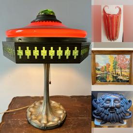 MaxSold Auction: This online auction features Art Nouveau table lamp, art glass, antique bronze statue, Arts & Crafts chair, Art Deco ashtray, Andy Donato artist proof, perfume bottles, Chinese Buddha collection, funky sculptured table lamp, porcelain figurine, leather head mask, vinyl records, stained glass window panel, and much, much, more!!