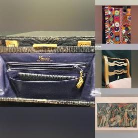MaxSold Auction: This online auction includes original art such as watercolors, oil on canvas, mixed media, and etchings, Gucci purse, fountain pens, dinnerware, antique Venetian desk, antique settee, vintage teak credenza, vintage rugs, and more!