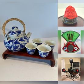 MaxSold Auction: This online auction features clay teapots, Chinese tea sets, cloisonne pieces, Foo dogs, jade bangle, snuff bottle, art glass, soapstone carvings, Buddhas, Imari vase, Cinnabar carvings, calligraphy set, exercise equipment, and much, much, more!!