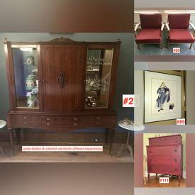 MaxSold Auction: This online auction includes furniture such as an Italian bar cabinet, dining table set, teak chairs, teak sofa, French vanity bench, high-back wing chairs, vintage desk, side tables, Italian marble top side table, wicker armchairs, chest of drawers, vanity table, chairs, queen sized iron bed, oak dresser with mirror and others, Asian teapots, kitchenware, small kitchen appliances, cat and dog floor figurines, vintage Fiestaware, Italian gold leaf mirror, Swedish sterling coffee spoons, linens, costume sketches, wall art, pottery, Persian rugs, vintage lamps, frames, carved duck decoys, cuckoo clock, decor and much more!
